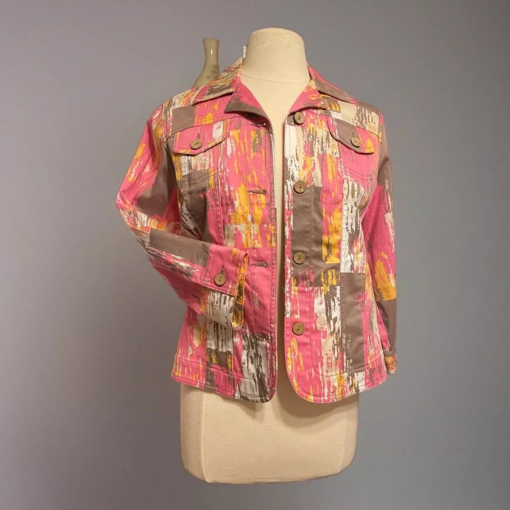 Ruby Rd Jacket 10P Brown Pink Camo Denim Button Coat Urban Chic Layer